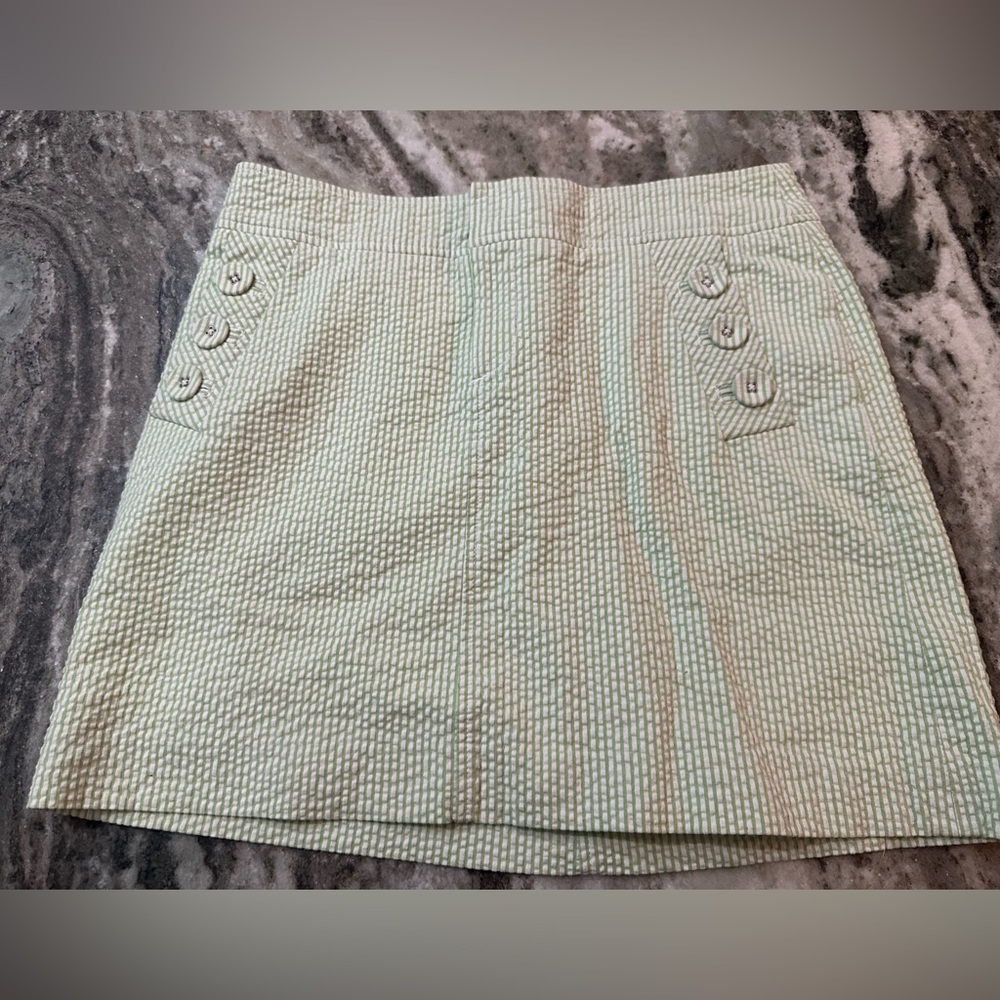 Lilly Pulitzer Courtland Seersucker Skirt in Green White Buttons Striped Size 4